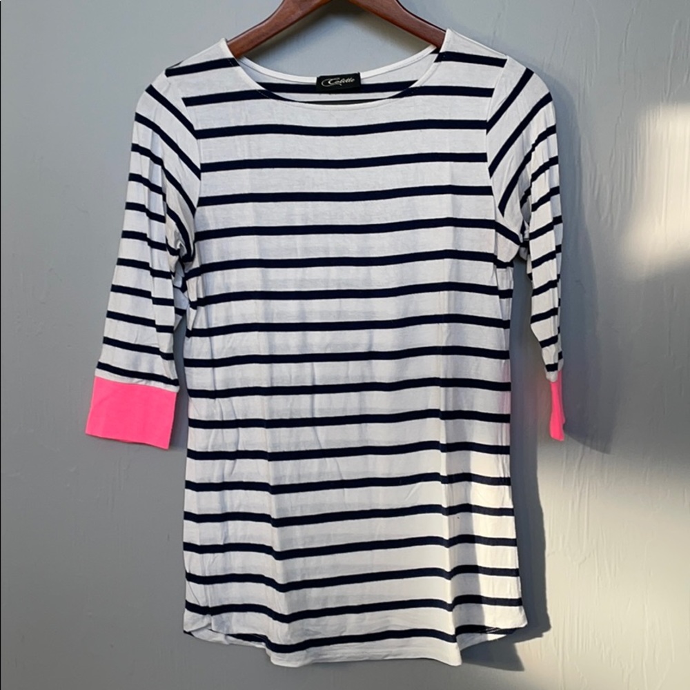 Colette 3/4 Sleeve Tee.  White w/ Blue Stripes.